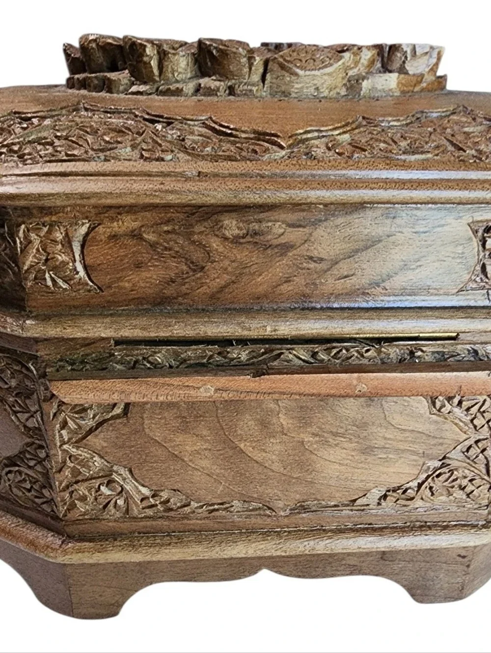 Vintage Mid Century Hand Carved Natural Wood Jewelry Box 2 Lined Layers